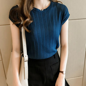 2020 Summer Ice Silk Knitted Tops Short Sleeve Solid Bright Office Lady Work Causal Silk Shirts Korean Japan Slim Knitwear