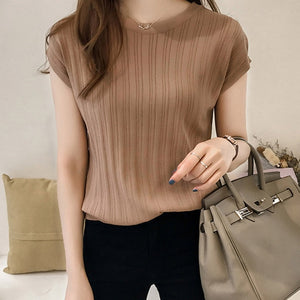 2020 Summer Ice Silk Knitted Tops Short Sleeve Solid Bright Office Lady Work Causal Silk Shirts Korean Japan Slim Knitwear