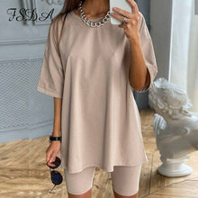 Load image into Gallery viewer, FSDA Summer 2020 Women Set O Neck Loose Short Sleeve Top Shirt And Biker Shorts Casual Two Piece Sets White Outfit Khaki Suit