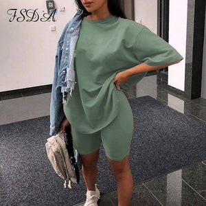 FSDA Summer 2020 Women Set O Neck Loose Short Sleeve Top Shirt And Biker Shorts Casual Two Piece Sets White Outfit Khaki Suit