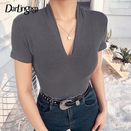 Darlingaga V Neck Short Sleeve Skinny Summer Bodysuit Women Casual Sheer Body Suit Bodycon Solid Bodysuits Tops Basic Jumpsuits