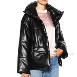 2020 Solid PU LeatherDown Parkas Women Fashion High Imitation Leather Coats Women Elegant Thick Cotton Jackets Female Ladies C19