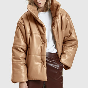 2020 Solid PU LeatherDown Parkas Women Fashion High Imitation Leather Coats Women Elegant Thick Cotton Jackets Female Ladies C19