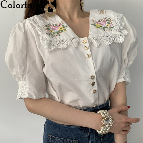 Colorfaith New 2020 Women Summer Blouse Shirts Turn-down Collar Puff Sleeve Embroidery Casual Patchwork Floral Lace Tops BL2025