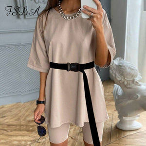 FSDA Summer 2020 Women Set O Neck Loose Short Sleeve Top Shirt And Biker Shorts Casual Two Piece Sets White Outfit Khaki Suit