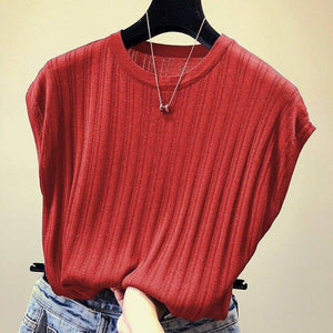 2020 Summer Ice Silk Knitted Tops Short Sleeve Solid Bright Office Lady Work Causal Silk Shirts Korean Japan Slim Knitwear