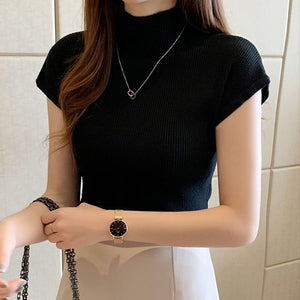 2020 Summer Ice Silk Knitted Tops Short Sleeve Solid Bright Office Lady Work Causal Silk Shirts Korean Japan Slim Knitwear