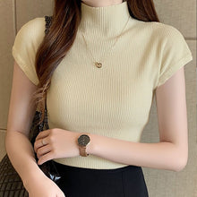 Load image into Gallery viewer, 2020 Summer Ice Silk Knitted Tops Short Sleeve Solid Bright Office Lady Work Causal Silk Shirts Korean Japan Slim Knitwear