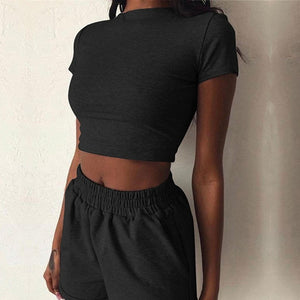 2 Pieces Set Women Summer O-Neck Casual Crop Top 2020 Female Clothing Tracksuit Pockets Loose Shorts Two Pieces