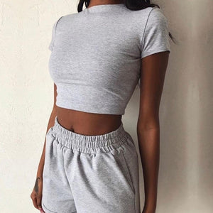 2 Pieces Set Women Summer O-Neck Casual Crop Top 2020 Female Clothing Tracksuit Pockets Loose Shorts Two Pieces