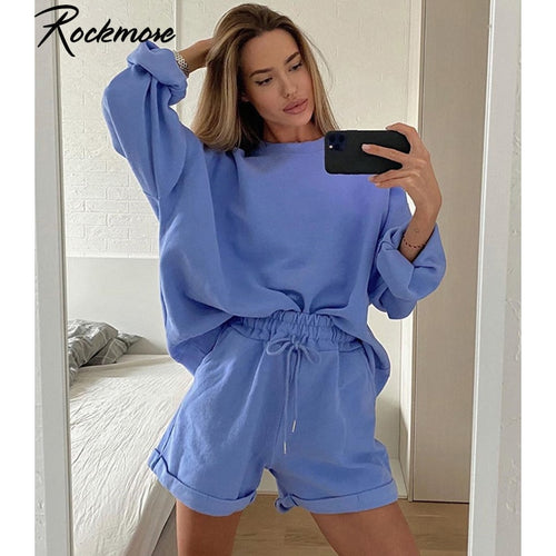 Rockmore Long Sleeve Two Piece Sets Track Suit Women Plus Size Sweatshirts Drawstring Shorts Autumn Streetwear 2 Pieces Outfits