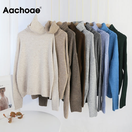 Aachoae Autumn Winter Women Knitted Turtleneck Cashmere Sweater 2020 Solid Casual Basic Pullover Jumper Batwing Long Sleeve Tops